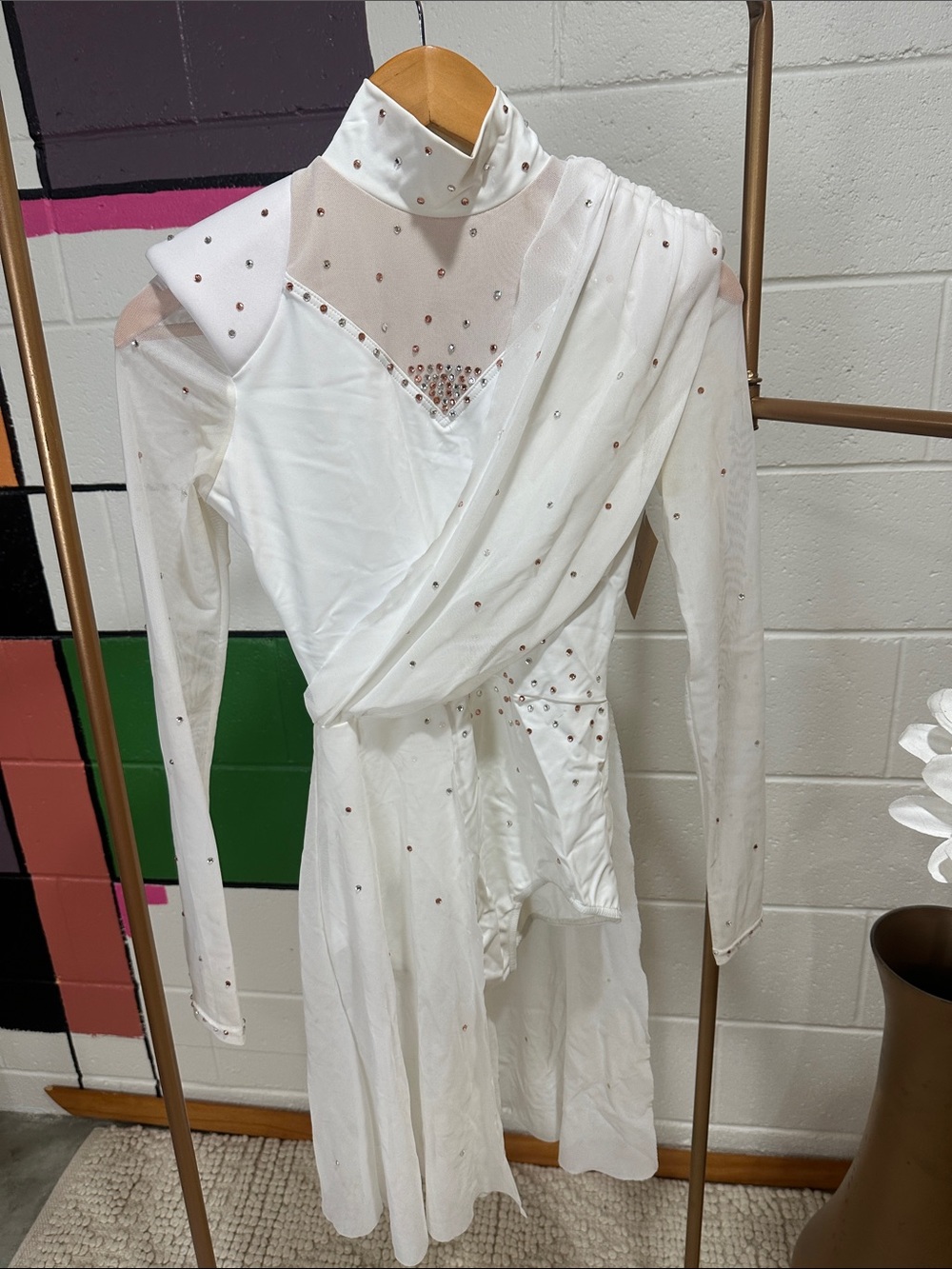 White Embellished Long-Sleeve Draped Dance Costume
